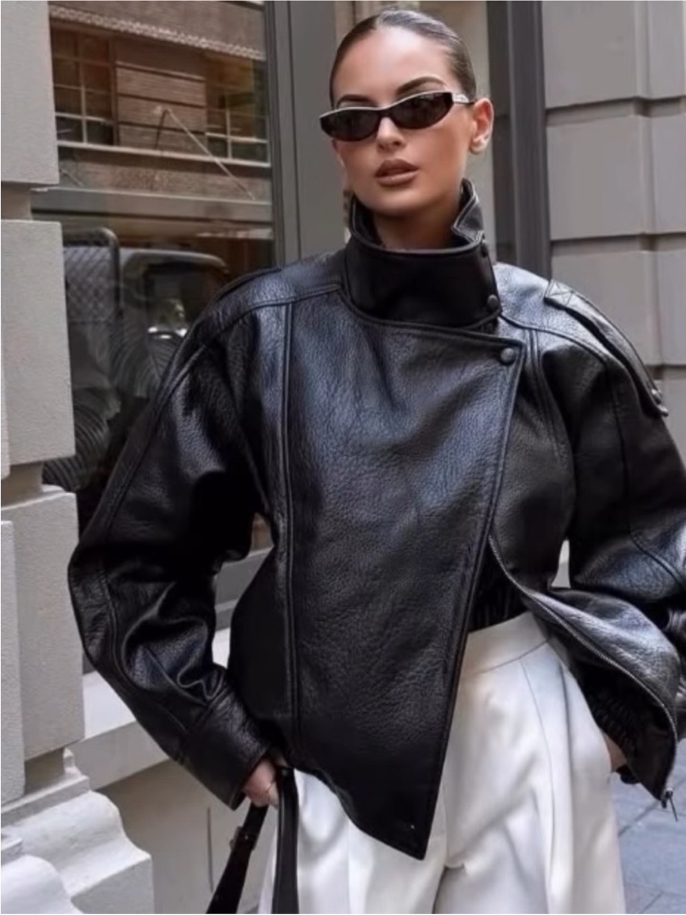 Zara Black Faux Leather-Look High Collar Jacket - Women